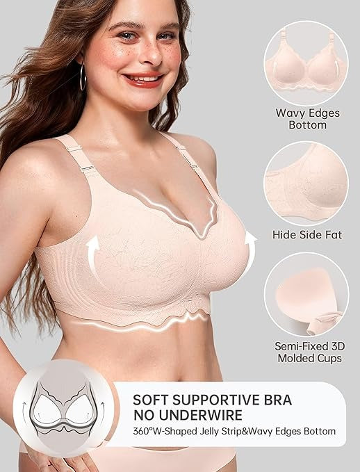 Women’s Seamless T-Shirt Bra – No Underwire, Scalloped Push-Up, Buttery Soft Full Coverage Convertible Everyday Bra